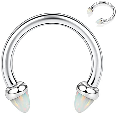 hengkaixuan G23 Titan Hufeisen Nase Septum Ring 16G Innengewinde Nasenringe Reifen Weißer Opal Barbells Silber Helix Daith Knorpel Tragus Ohrringe Nippel Augenbrauen Piercing Schmuck 10mm
