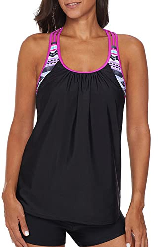 IHCEMIH Costumi da Bagno Donna Tankini Push up Imbottito Costume Due Pezzi Vita Alta Piscina Mare Spiaggia Stampa Sportivo Beachwear Swimwear Set con Pantaloncini Nero Rosa M