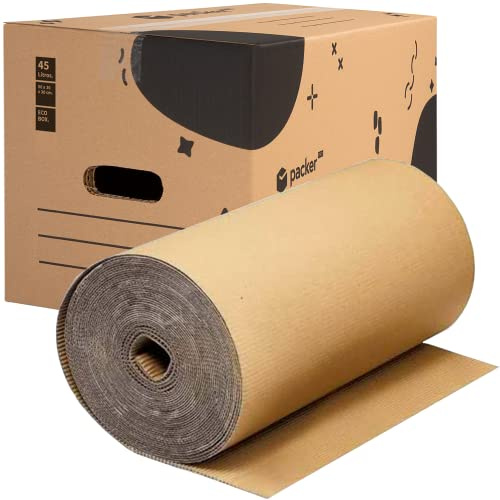 packer PRO Pack 10 Cajas Carton para Mudanzas y Almacenaje Ultra Resistentes con Asas 50x30x30cm y Rollo de Cartón Ondulado de 90cm x 25m