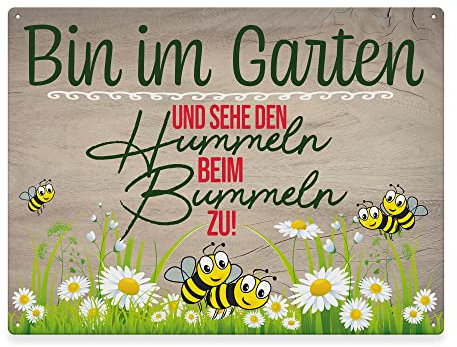Metallschild für den Garten - Bin im Garten - Geschenk für Gärtner, Hinweisschild, Gartenschild für draußen, Outdoorschild aus Aluminium | Wetterfest, 21x15 cm