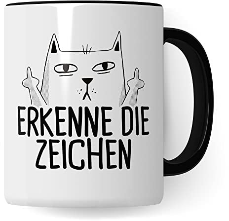 Tasse Katzen-Motiv, Erkenne die Zeichen Spruch, Humor Geschenk Katzenliebhaber, Katzen-Tasse Motiv, Geschenk Kollegen, lustige Katze Kater Katzenfreund Büro-Tasse lustige Kaffeetasse (Weiß & Schwarz)