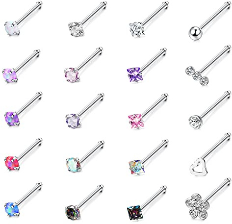 Adramata 20 Pcs 20G Anneaux de Nez en Chirurgical Ensemble de Clous de Nez Diamant Opale CZ Piercing de Nez Bijoux pour Femmes Hommes Vis/Droit/en Forme de L Clous de Piercing Nez Multicolore,I