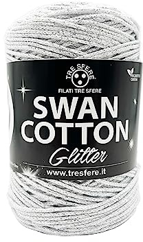 Cordino SWAN COTTON Glitter (Bianco Argento 02) filato per borse, cappelli, cestini, sottopiatti, pochette, accessori moda, accessori casa, amigurumi e tanto altro.