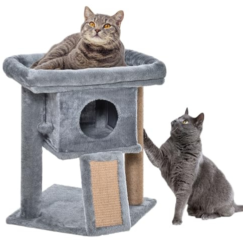 PawHut Árbol Rascador para Gatos Pequeños 57 cm Cueva Cama Gris Claro | Torre para Gatos con Poste de Sisal, Rampa para Rascar, Bola Colgante, 40x40x57 cm