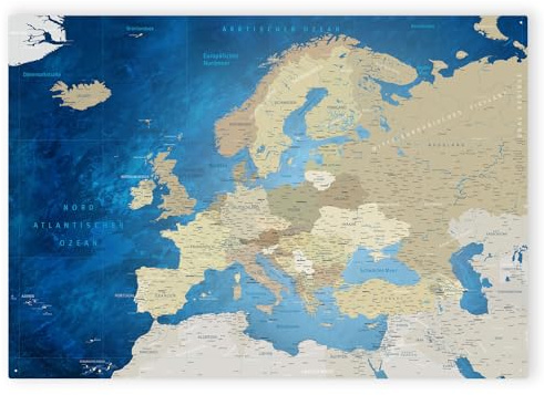 LANA KK - Magnetisches Blechschild Europakarte - Deutsch, zum markieren mit Magneten inkl. Starterkit - Magnetboard Wandbild Landkarte XXL (Meerestiefe, 80 x 60 cm)