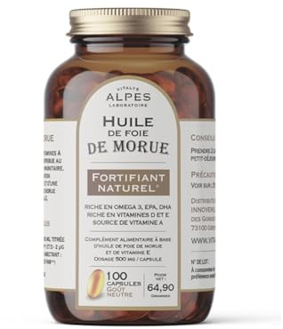 VITALYS ALPES - Huile de Foie de Morue - Complément Alimentaire Riche en Vitamine D, Vitamine A & Oméga 3 - Fortifiant Naturel - Ingrédients d'Origine Naturelle - Fabriqué en France - 100 Capsules
