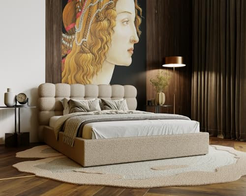 Emporius Bett 180x200 Parlas - Polsterbett mit Lattenrost, Kopfteil, Bettkasten, Doppelbett mit Bouclé Stoff (Beige - Anthology 3)