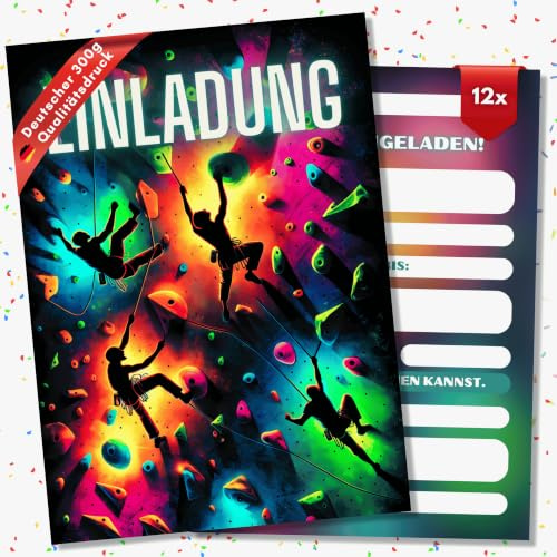 HIDEBLOOM Klettern Einladungskarten Kindergeburtstag Junge und Mädchen - 12 Stück - DIN A6 (10,5 cm x 14,8 cm) - Einladung Kindergeburtstag Klettern - Geburtstagseinladungen Bouldern