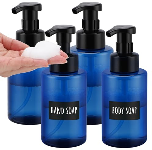 Segbeauty Seifenspender Schaum, 4 Stück 400ml Schaumspender Bad, Schaumspender Nachfüllbarer, Seifenspender Plastik, Soap Dispenser mit Etiketten (Blau)