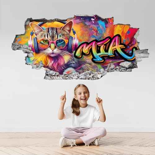 tjapalo® p98 personalisiertes Wandtattoo Graffiti Name Wandtattoo Kinderzimmer Mädchen wandtattoo Teenager Cool 3D Wandsticker Kinderzimmer Name Wandtattoo Katze Kinderzimmer