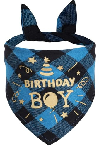 Bmeigo Dog Bandana for Birthday, Gold Birthday Boy Pet Bandanas with Chequered Print Triangle Scarf for Small Medium Dogs Birthday Bandana Party Accessories(Blue, Fits to 25-42cm Neck)