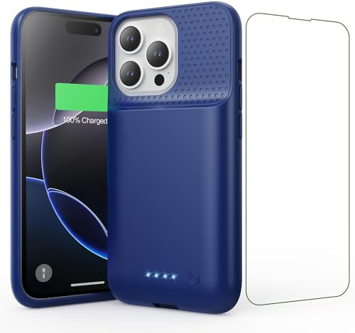 Feob Akku Hülle für iPhone 16 Pro, 7500 mAh Wiederaufladbar Batterie Ladehülle Akku mit Schutzfolie, Tragbares Batterieladegerät Hülle Leistungsstarke Power Bank für iPhone 16 Pro (6,3) (Blau)