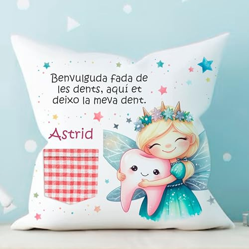 PRONENS. Funda - Cojín Infantil Fada de Les dents Personalizado con Nombre – Bolsillo para Guardar Diente – Almohada Suave, Segura y Decorativa para Niños- Regalo niño y niña caida Dientes 40x40