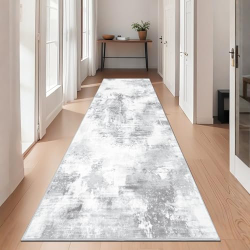 SHACOS Langer Teppich Läufer Flur rutschfest 80x200 cm, Flurteppich Läufer Lang Grau Flurläufer Modern, Küchenteppich Waschbar, Teppichläufer für Flur, Wohnzimmer, Küche, Hellgrau