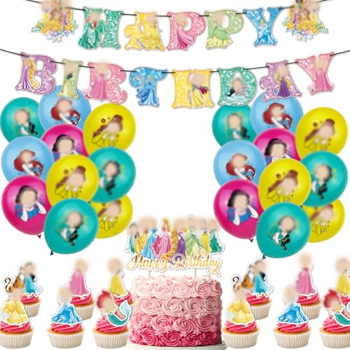 32PCS Prin-cesa Birthday Decorations Cumpleaños Fie-sta Temática,Princesa Feliz Cumpleaños Pancartas Fiesta Decoraciones Fiestas Suministros Para Princesa,Banner Adornos Para Cupcakes