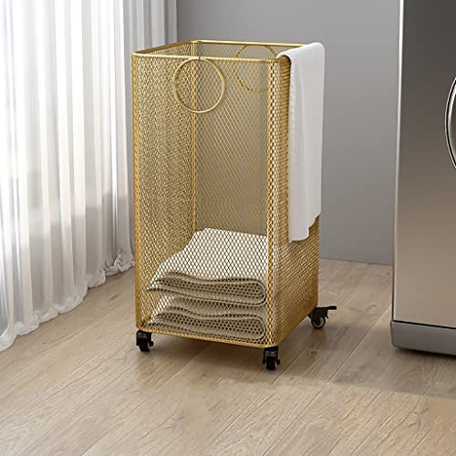 PYCJNFC Wäschekorb, Kleiderwagen | Rollender Wäschekorb auf Rädern, Goldener Metallkorb mit Rädern, Aufbewahrungsbehälter für Schmutzwäsche fürs Badezimmer – Organizer-Gestell, quadratisch