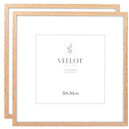 Veelot® 2x Bilderrahmen 30x30cm,Natur Holz Eiche,Passepartout 20x20cm,Mittelgroßer quadratischer Bilderrahmen 30x30cm | Holzbilderrahmen Poster Echtholz