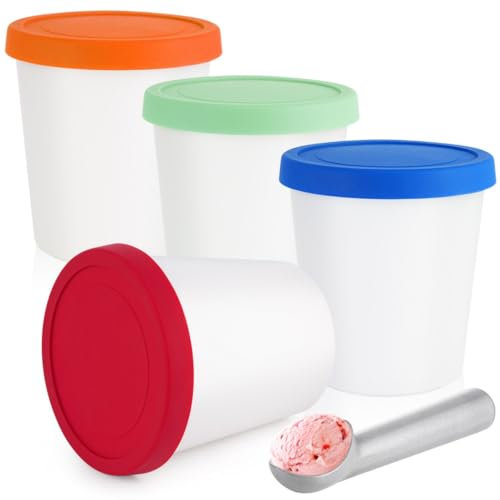 byepica Lot de 4 bacs de rangement pour crème glacée avec cuillère, récipients de congélation de 1 litre pour friandises faites maison, réutilisables avec couvercles, passent au lave-vaisselle