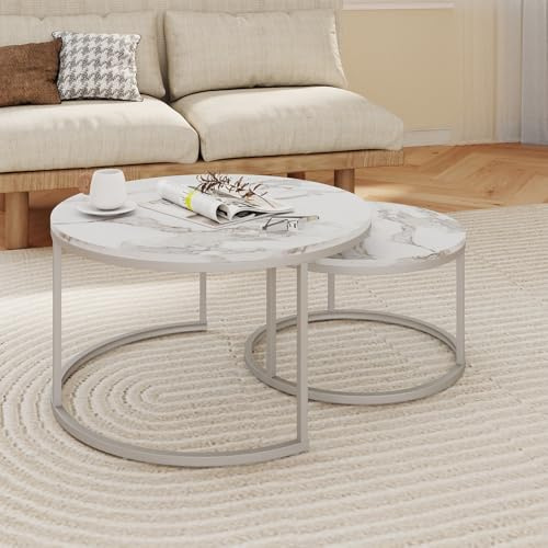 Soayone Marmor Couchtisch Rund Weiss, Wohnzimmertisch Weiß, Moderner Couchtisch Silber satztische fürs Wohnzimmer kaffeetisch sofatisch 80x80x45 & 60x60x35 cm