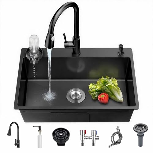 Coubird Küchenspüle schwarz Edelstahl Unterbau/Aufsatz kleine Einzelbecken, Küchenspüle mit Abtropfgarnituren, geeignet für Küchen, Bars und Wohnmobil(60x45cm)