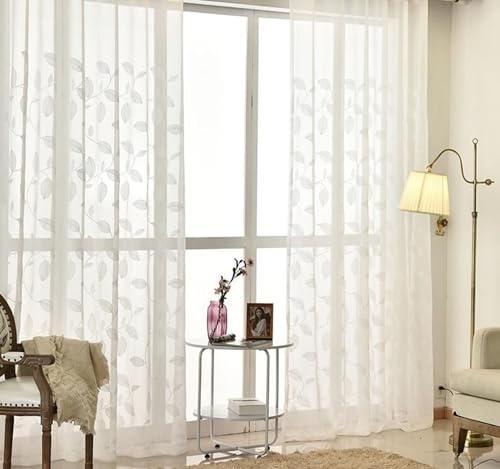 Tende semi-oscuranti con foglie ricamate, confezione da 2, 107 x 183 cm, eleganti tende bianche per soggiorno, eleganti tendaggi per finestre, elementi essenziali per la decorazione della casa