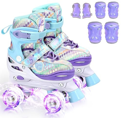 Sportneer Rollschuhe Kinder Mädchen, EU 23-36 Rainbow Rollschuhe Kinder 4 Größen Verstellbar mit SchutzausrüStung, Roller Skates Kids für Anfänger Weihnachts und Geburtstags Geschenke
