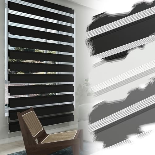 Suusolny Doppelrollo Klemmfix ohne Bohren Fensterrollo Privatschutz Mit Lichtdurchlässig & Verdunkelnd Höhe Verstellbar Klemmrollo Zebrarollo Fensterrollo Seitenzugrollo-B60 x H120 cm,Schwarz