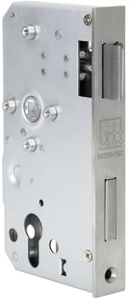 INTRA-TEC Ersatzschloss für Anschweißkästen – für 40er Rohr, Dorn 60 mm, Entfernung 72 mm, DIN L/R, Edelstahl-Stulpe 33 × 166 mm, PZ für Profilzylinder
