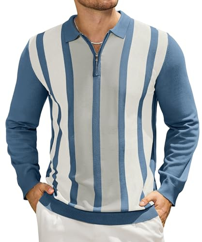 Elainone Mens Knit Striped Polo Shirts Long Sleeve Fashion Vintage Quarter Zip Jumper for Men UK Casual Polo Sweater Top Blue XL