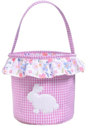 Cesta de almacenamiento portátil de tela con estampado de conejos y patrón de rayas para huevos de caza, decoración del hogar, cesta de almacenamiento de tela tejida