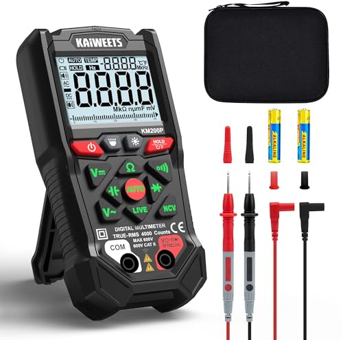 Multimetro Digitale 4000 Conteggi KAIWEETS, Voltmetro Intelligente con Gamma Automatica, Operato a Pulsanti con Test NCV e Filo Sotto Tensione, Tester Tensione CA/CC per Fai Da Te Elettrico
