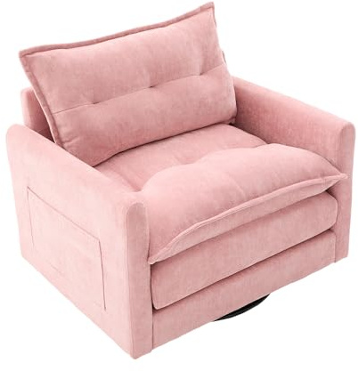 muenfly Sessel Drehbar Wohnzimmer Ohrensessel Gepolstert Relaxsessel mit Seitentasche und Kissen Moderner Drehsessel bequemer Relaxsessel Lesesessel, Rosa