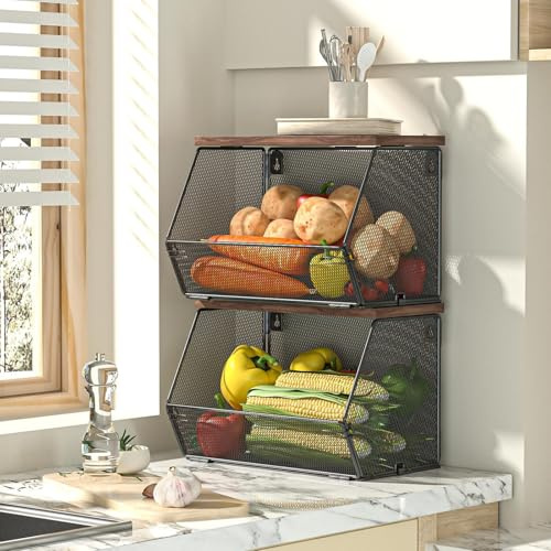 Cesta de Frutas de Pared 2 Piezas, Cesta de Almacenaje de Metal con Tapa de Madera, Organizador de Cocina Apilable y Colgante, Cesta de Malla para Verduras y Pan, Negro, 30x18x22cm