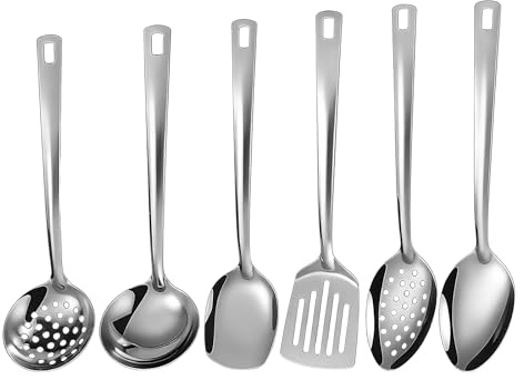 Rzspher Kitchen Utensils Set, 6 pcs Cooking Utensils Set (Silver) | Stainless Steel Spatula Set Includes Spatula Soup Ladle Serving Spoon, Durable Mirror Polished, for All Cooking Tasks