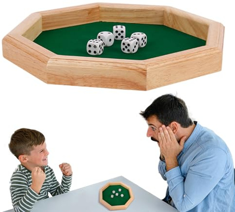 Würfeltablett Aus Holz – Holz 26 X 26 cm Achteckig | Achteckiger Würfelspieltisch Aus Mit Rollender Oberfläche Filz, Tragbares Spielset Inklusive Würfel | Tisch-Rolltablett-Box Für Party,