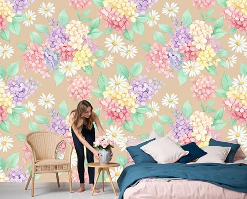 JEDTAKCT Panorama Carta Da Parati Piante Ad Acquerello Naturale Marrone, Fotomurale Ortensia Sfumata Per Camera Da Letto Decorazioni Parete, Carta Parati Effetto 3D Decorativi Wallpaper, 200X140Cm