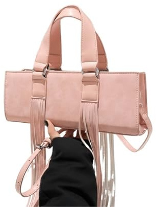Zymjzbetic Fransväska liten axelväska retro läder för kvinnor, tofsdesign, crossbody-väskor för kvinnor, Färg: rosa, 30.5cmx11.5cmx8cm
