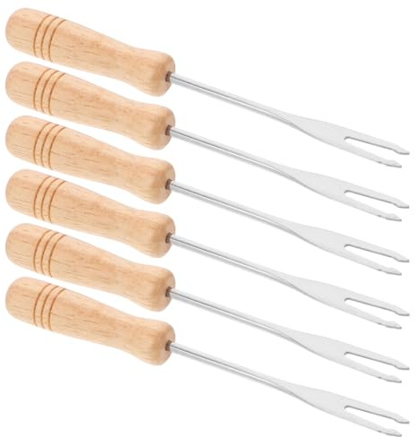 TINEASUR 6pezzi Forchette Fonduta in Inox con Manico in Legno Ergonomico Forchettine da Fondue per Cioccolato Formaggio Frutta e Gelato Portatili e Facili da Pulire per Cucina e Barbecue