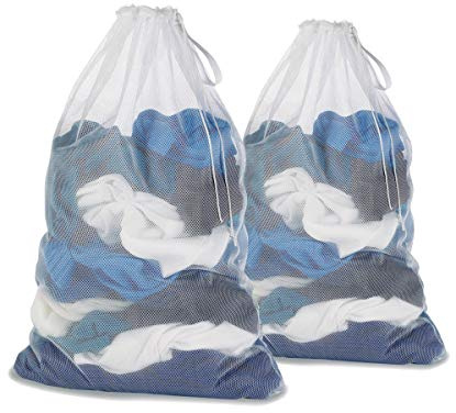 Mesh Laundry Bag With Drawstring For Delicates, Washing Machine,Traveling,College,Dirty Clothes/Net Big Size Heavy Duty Reusable Door Foldable/Garment White 2 Pack