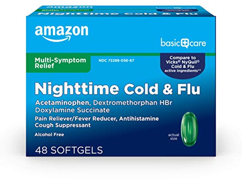 Amazon Basic Care Nighttime Cold & Flu Relief, Pain Reliever, Fever Reducer, 6 Hour Cold Medicine, Cough Suppressant, Antihistamine, 48 Count