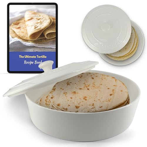 25,4 cm Keramik-Tortillawärmer von StarBlue mit kostenlosem Rezept-eBook — Weiß, isoliert eine Stunde und fasst bis zu 24 Tortillas, Chapati, Roti, mikrowellengeeignet, ofenfest