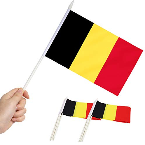 Anley Belgium Miniaturflagge - 5 x 8 Mini belgische Flaggen verblassen beständig und lebendige Farben - 5x8 Zoll Handstick-Flagge mit 12 weißer massiver Pol- und Speerspitze (1 Dutzend)