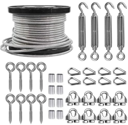 TooTaci 5mm Wire Rope Kit, with M6 Turnbuckle Wire Tensioner Kit, 60M/5mm PVC Coated Stainless Steel Cable Rope, Clamps & Vine Eyes for Climbing Plants Support, Fence Wire, Heavy Hanging Job