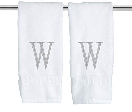 Decorvo Monogrammed Hand Towels for Bathroom - Luxury Hotel Quality Personalized Initial Decorative Embroidered Bath Towel for Powder Room, Spa - GOTS Organic Certified - Set of 2 Letter W