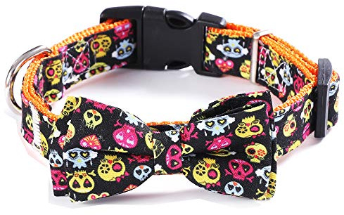 Haustier-Halsband, weiches Halloween-Hundehalsband mit Fliege, verstellbare Schnalle, Katzenhalsband für Katzen, Welpen, kleine Hunde, mittelgroße Hunde (XS, schwarzer Totenkopf)