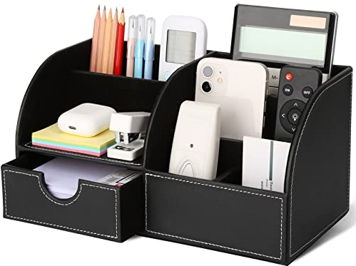 GORESE Multifunktionale Schreibtisch Organizer Aufbewahrung, PU Leder Stiftehalter Schreibtisch Stiftebox Stifteköcher Büro Organizer Bürobedarf (Schwarz)