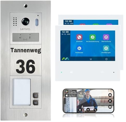 MATHFEL 2-Draht-Bus WLAN Video Türsprechanlage - Personalisierte Außenstation inklusive Gravur, ideal für 2 Familienhaus, mit 2X 7'' Monitor