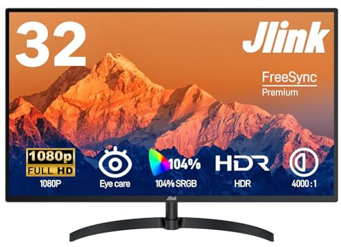 Jlink Computer Monitor 32 Zoll, FHD 1920x1080P, 60Hz, 104% sRGB-Anzeige mit HDMI VGA 3,5mm Audio, HDR, VA-Bildschirm mit Freesync, Neigung, VESA-Montage