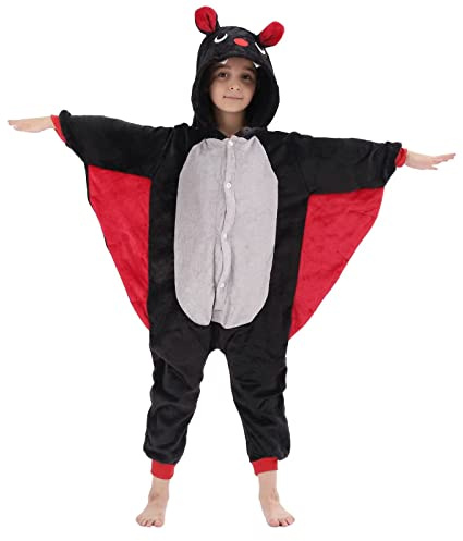 LOBUJOU Kids Onesie Costume for Boys Girls Halloween Animal Cosplay One Piece Flannel Hooded Black Bat S