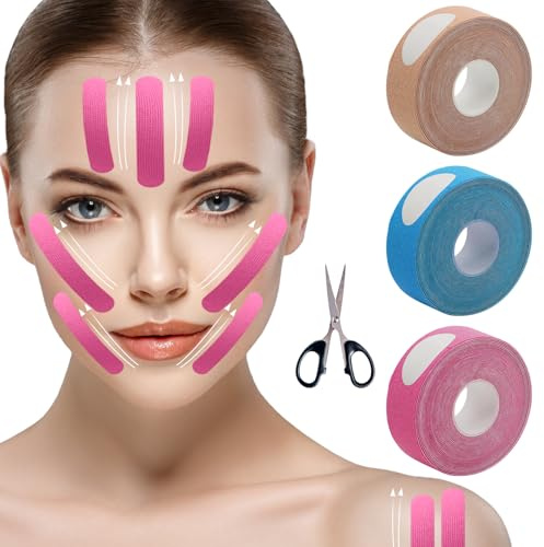 SPOKKI 3 Rollen Face Lifting Tape, 2,5cm x 5m Gesichtstape Gegen Falten Face Tape Myofasziales Gesichtstraffungsband Facial Patches für Straffung und Straffung der Haut Lifting Tape Gesicht
